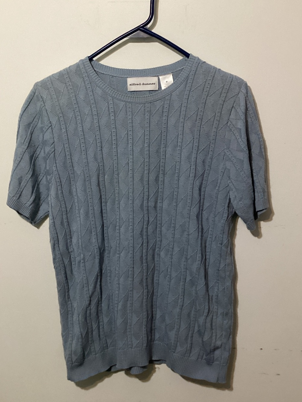 Vintage Alfred Dunner Blue Cable Knit Pointelle Short Sleeve Sweater Size M USA